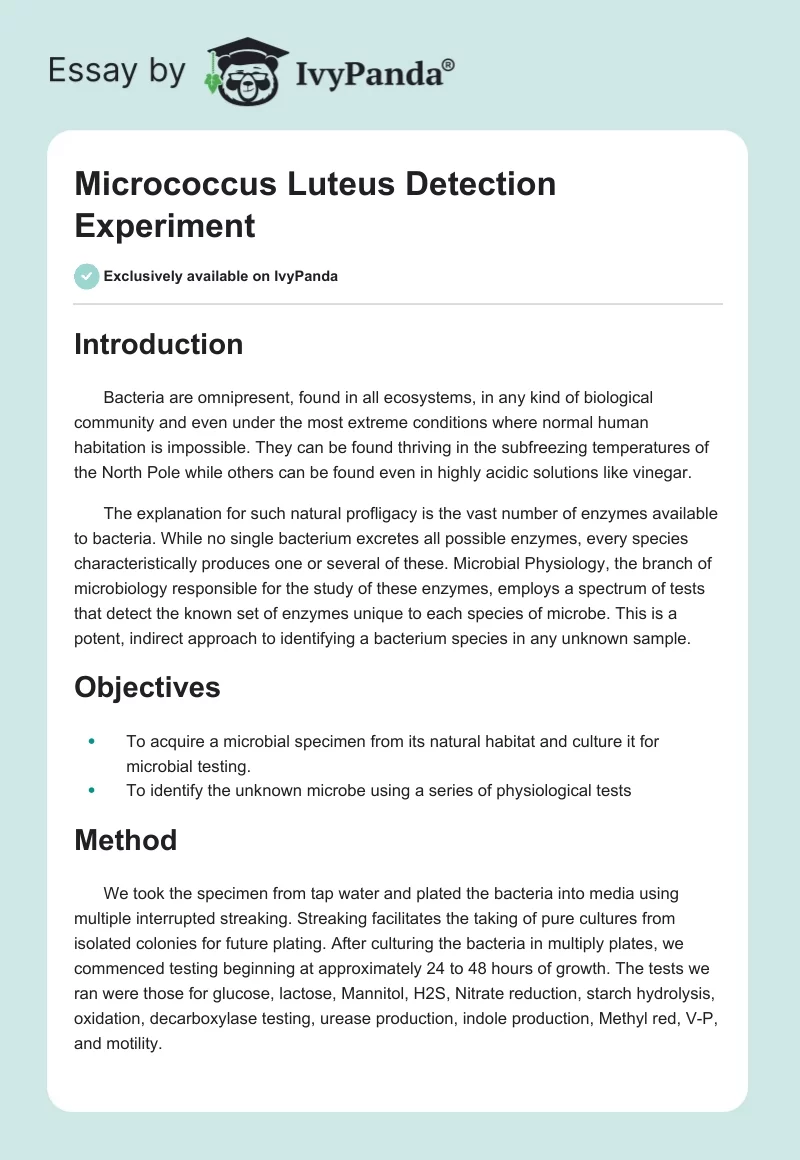 Micrococcus Luteus Detection Experiment. Page 1