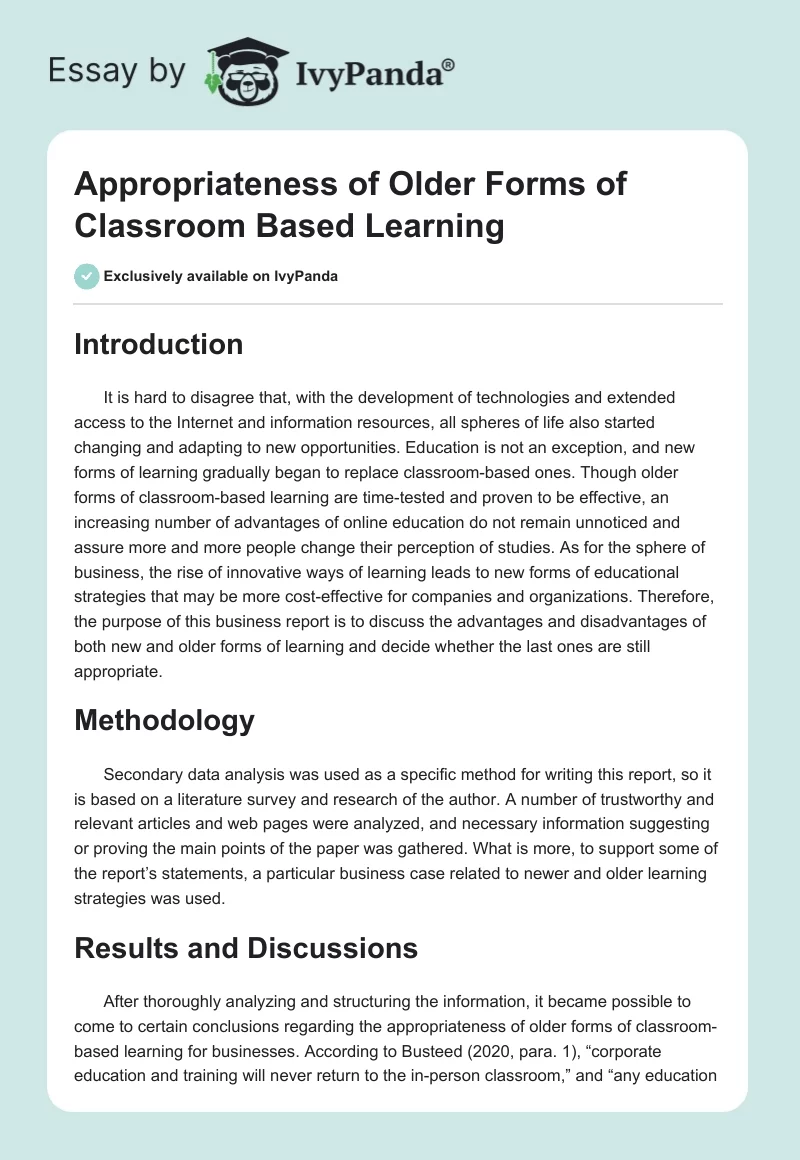 Appropriateness of Older Forms of Classroom Based Learning. Page 1