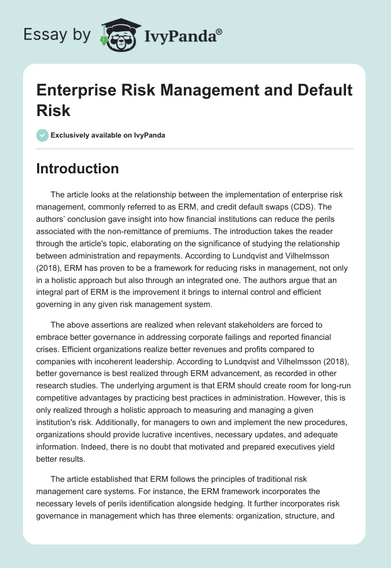 Enterprise Risk Management and Default Risk. Page 1