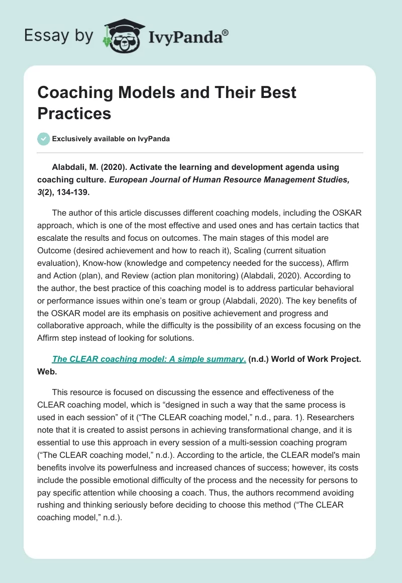 Coaching Models and Their Best Practices. Page 1