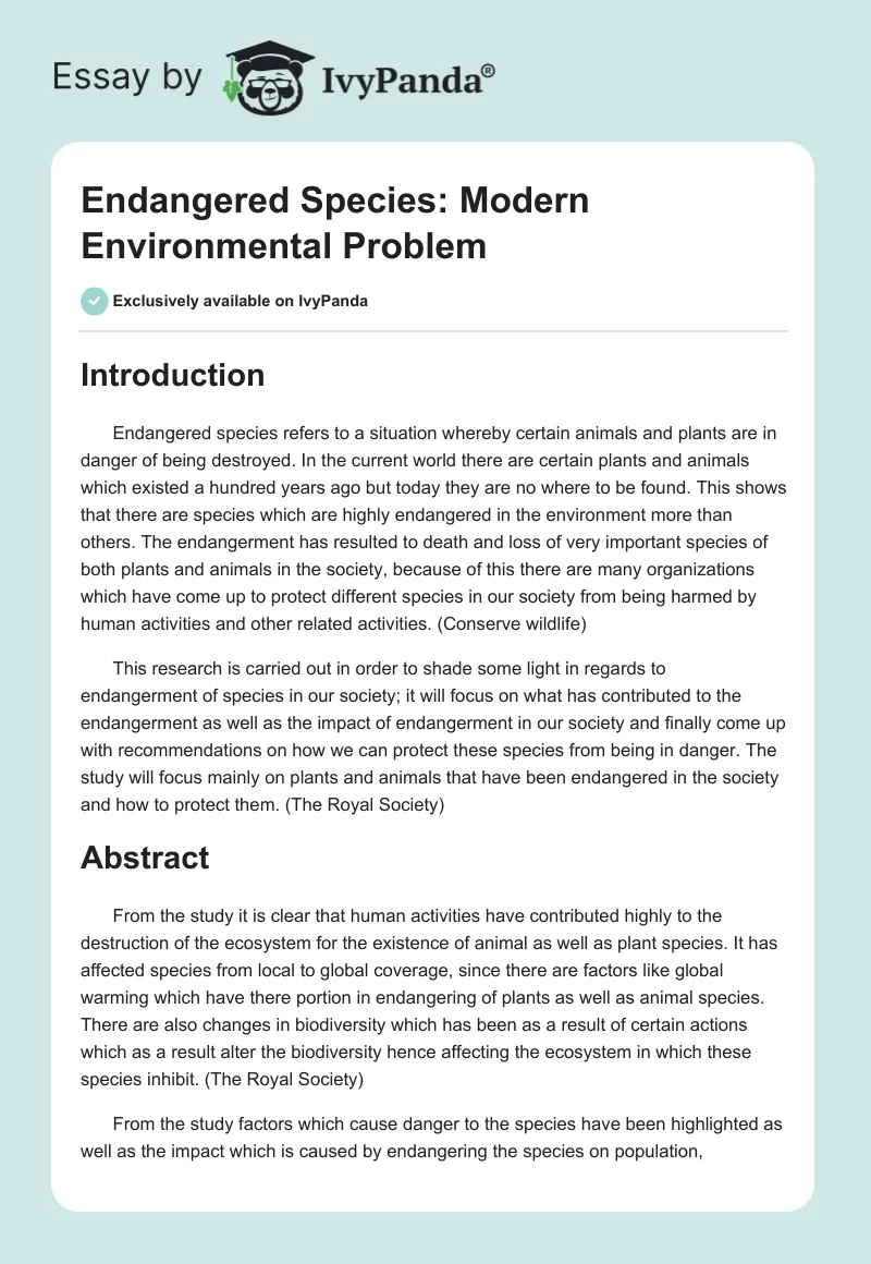 Endangered Species: Modern Environmental Problem. Page 1