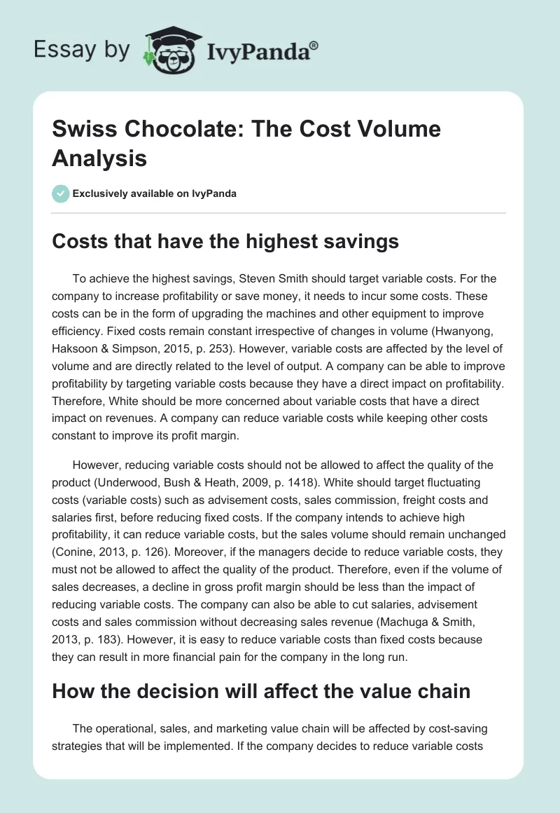 Swiss Chocolate: The Cost Volume Analysis. Page 1