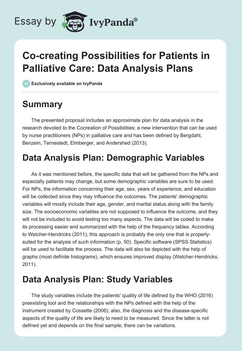 Co-creating Possibilities for Patients in Palliative Care: Data Analysis Plans. Page 1