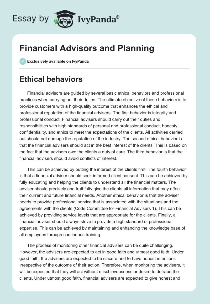 Financial Advisors and Planning. Page 1