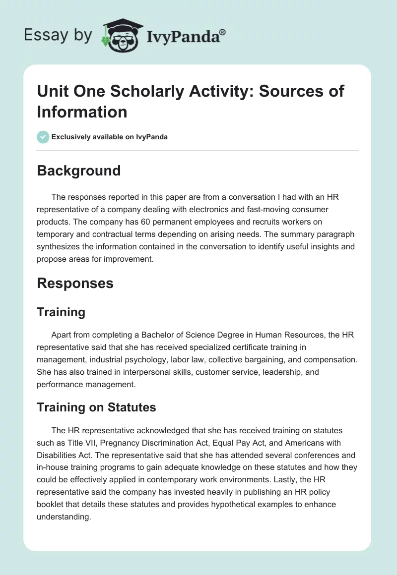 Unit One Scholarly Activity: Sources of Information. Page 1