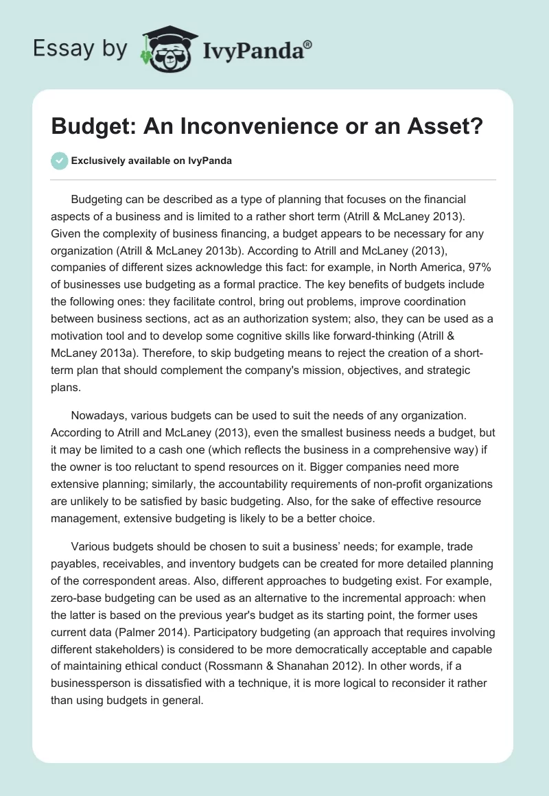 Budget: An Inconvenience or an Asset?. Page 1