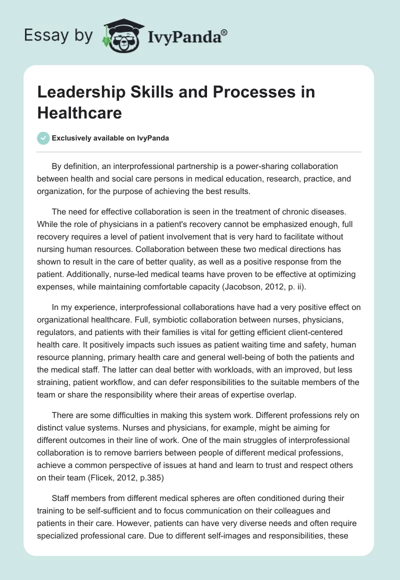 Leadership Skills and Processes in Healthcare. Page 1