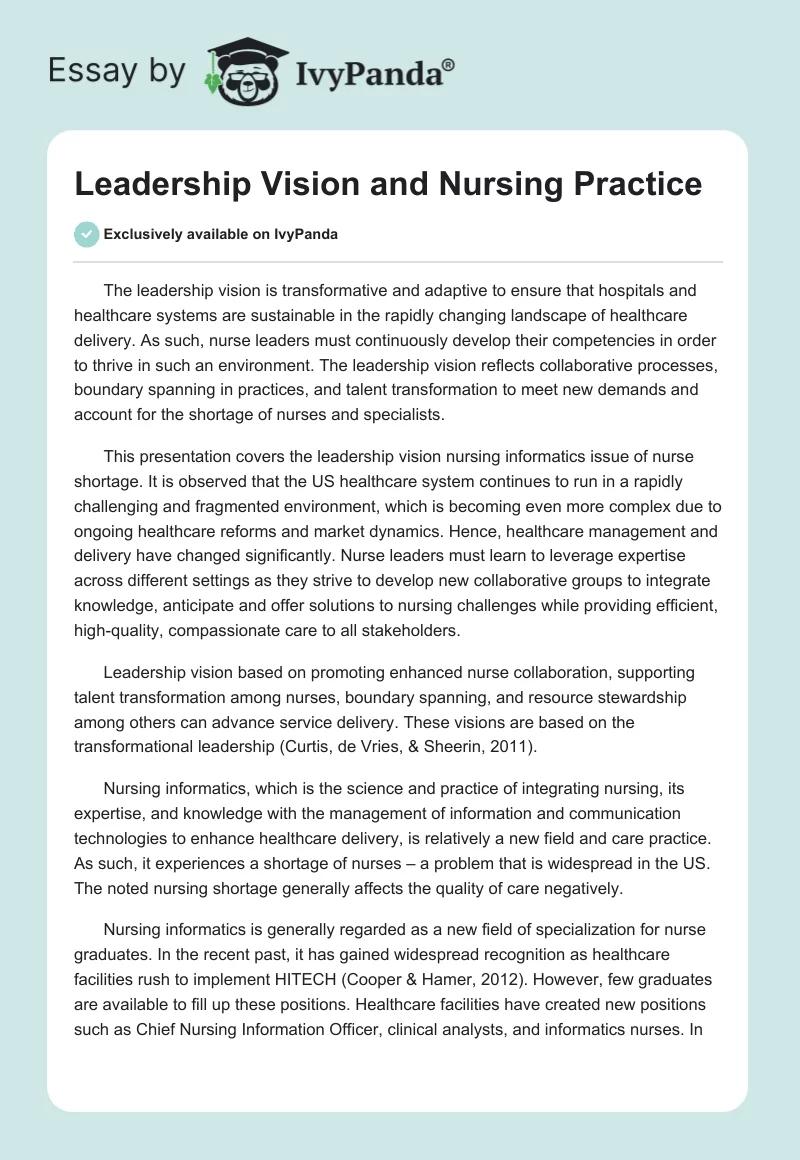 Leadership Vision and Nursing Practice. Page 1