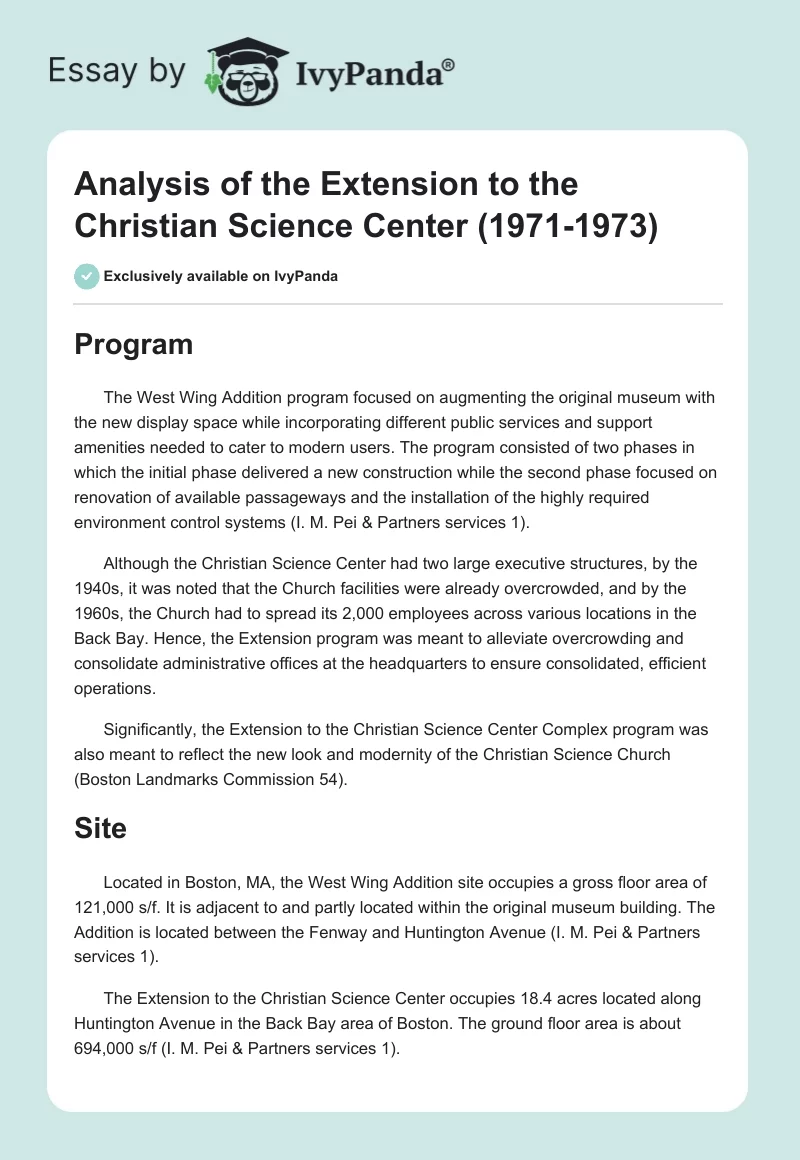 Analysis of the Extension to the Christian Science Center (1971-1973). Page 1