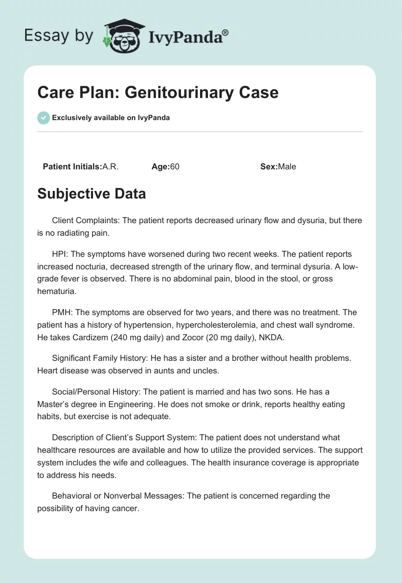 Care Plan: Genitourinary Case. Page 1