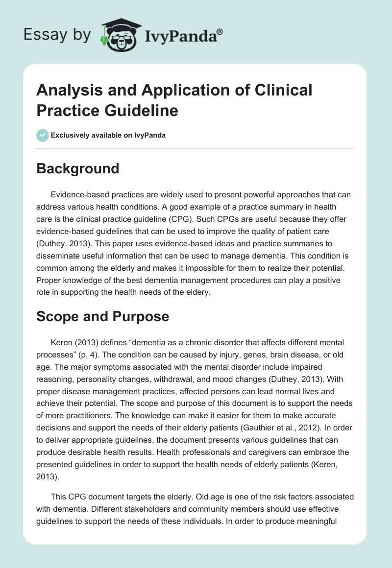 Analysis and Application of Clinical Practice Guideline. Page 1