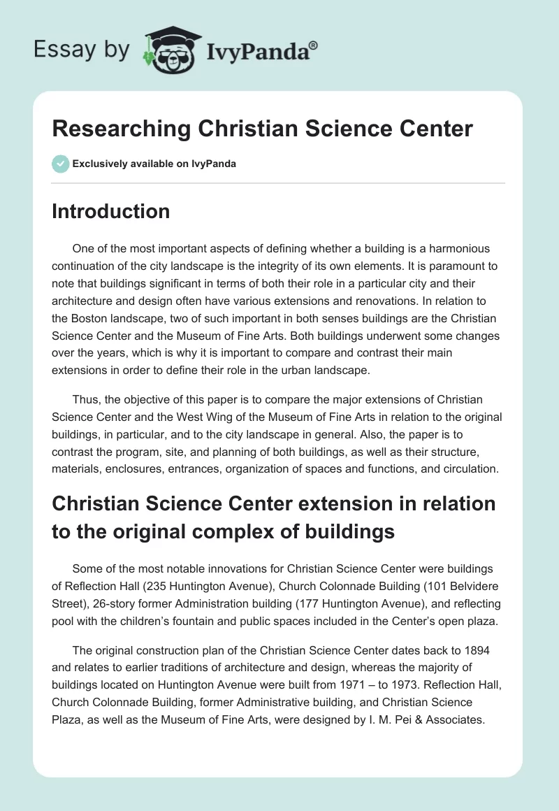 Researching Christian Science Center. Page 1