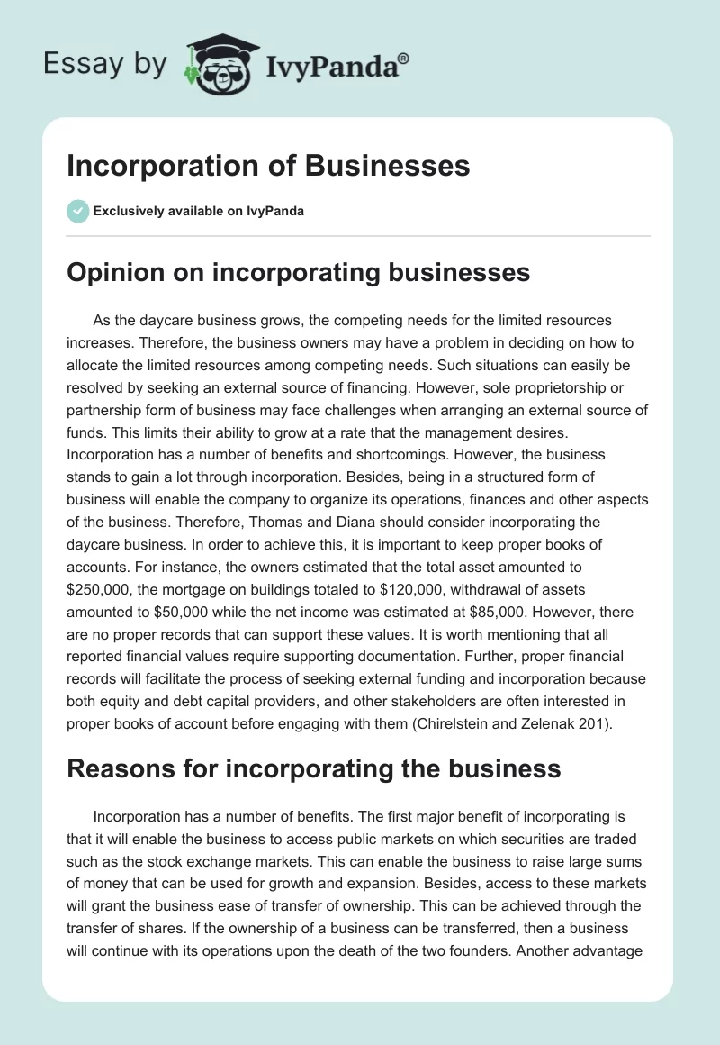 Incorporation of Businesses. Page 1