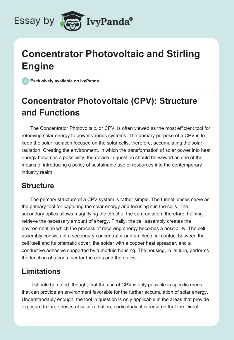 Concentrator Photovoltaic and Stirling Engine. Page 1
