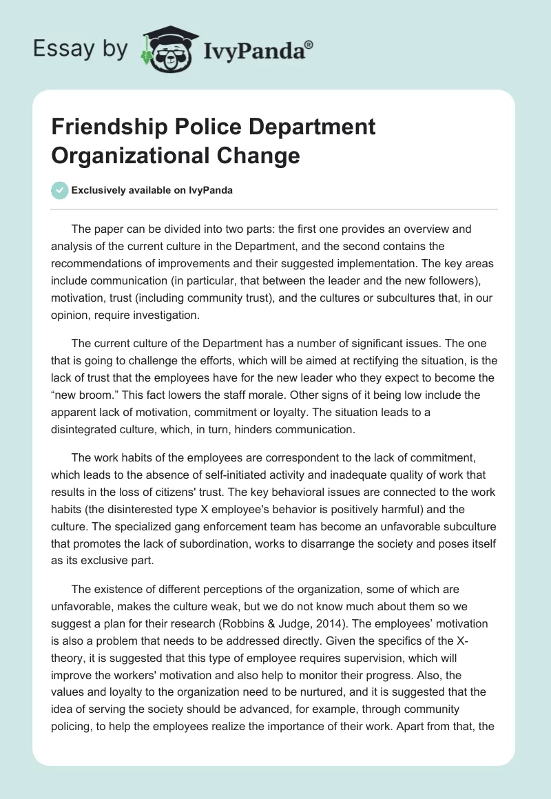 Friendship Police Department Organizational Change. Page 1