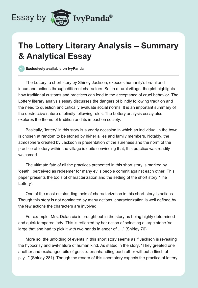 The Lottery Literary Analysis – Summary & Analytical Essay. Page 1
