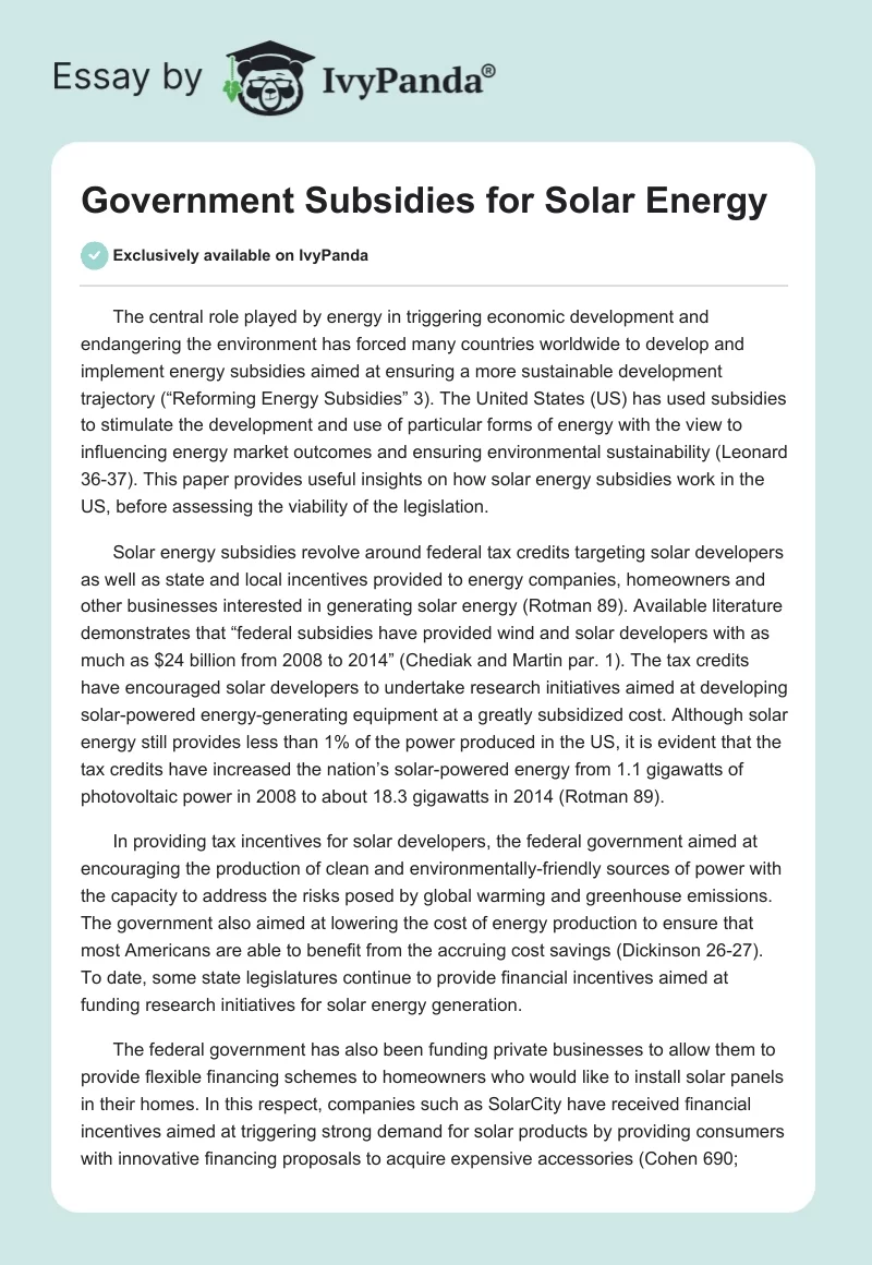 Government Subsidies for Solar Energy. Page 1
