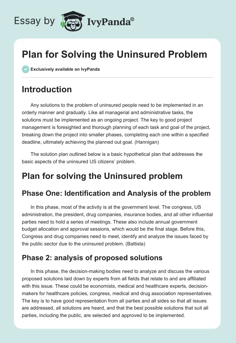 Plan for Solving the Uninsured Problem. Page 1