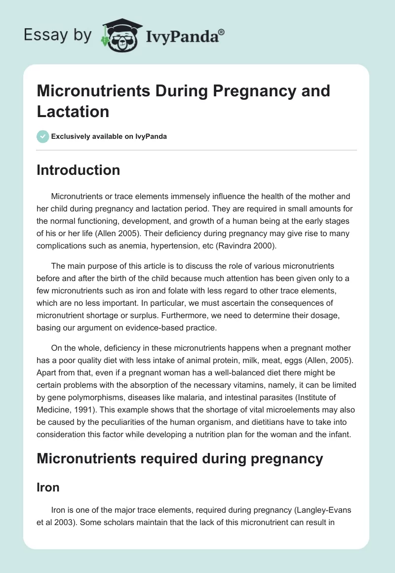 Micronutrients During Pregnancy and Lactation. Page 1