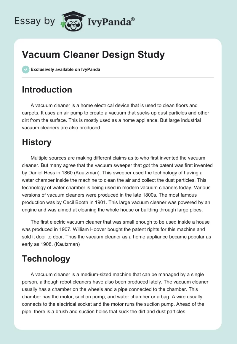 Vacuum Cleaner Design Study. Page 1