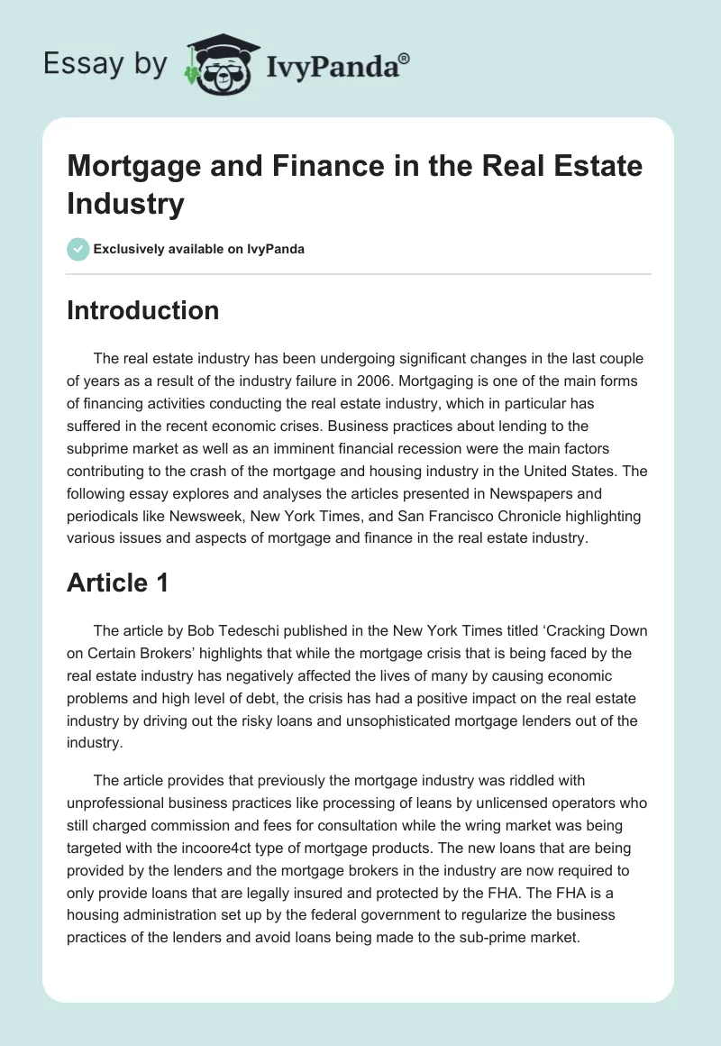 Mortgage and Finance in the Real Estate Industry. Page 1