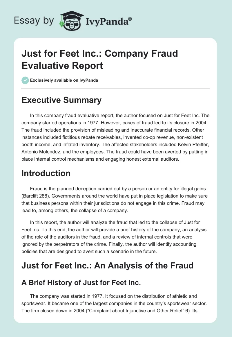 Just for Feet Inc.: Company Fraud Evaluative Report. Page 1