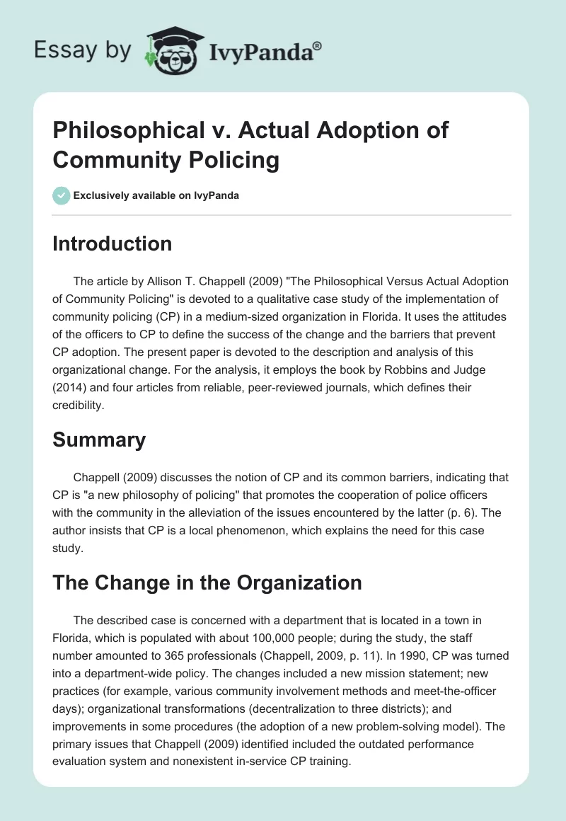 Philosophical v. Actual Adoption of Community Policing. Page 1