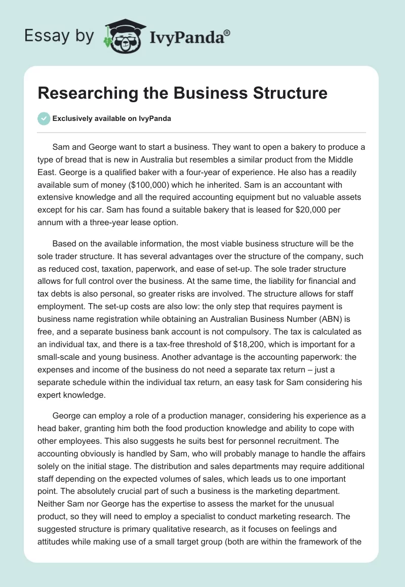 Researching the Business Structure. Page 1
