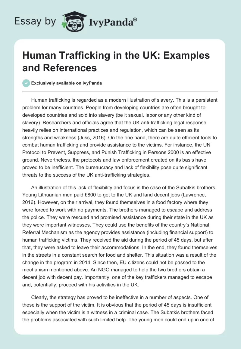 Human Trafficking in the UK: Examples and References. Page 1