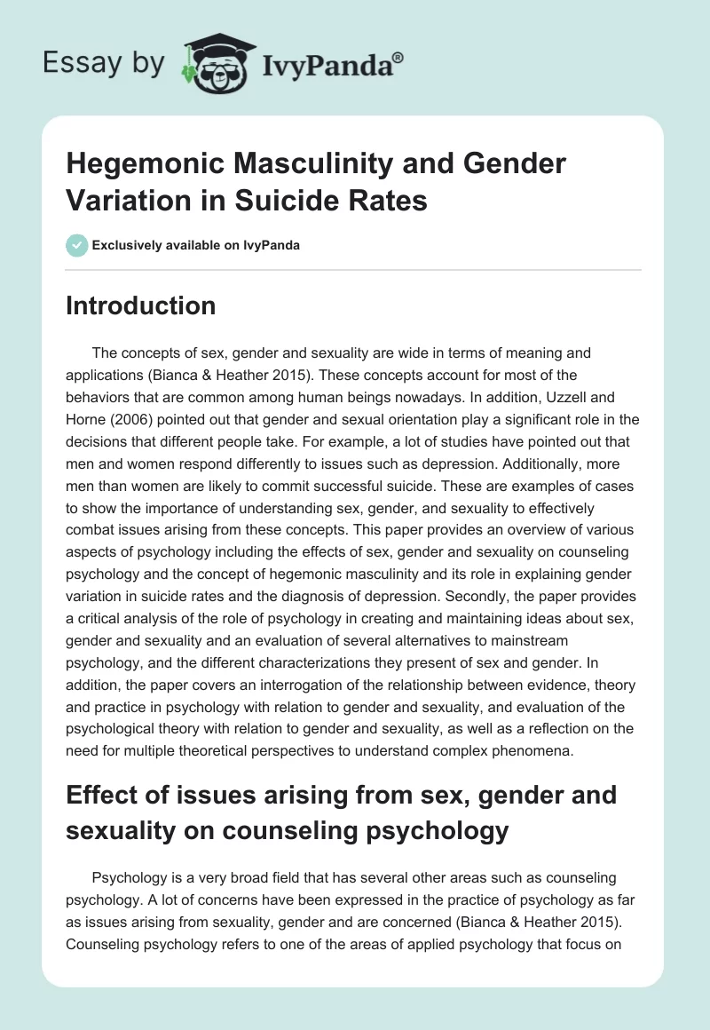 Hegemonic Masculinity and Gender Variation in Suicide Rates. Page 1