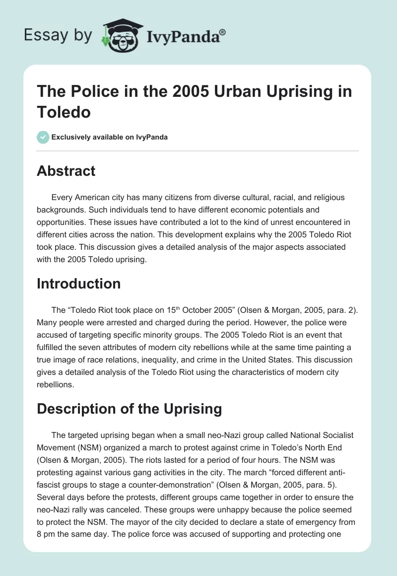 The Police in the 2005 Urban Uprising in Toledo. Page 1