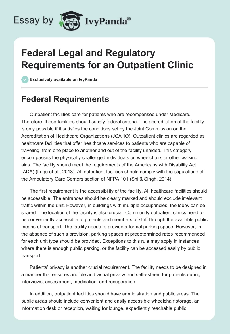 Federal Legal and Regulatory Requirements for an Outpatient Clinic. Page 1