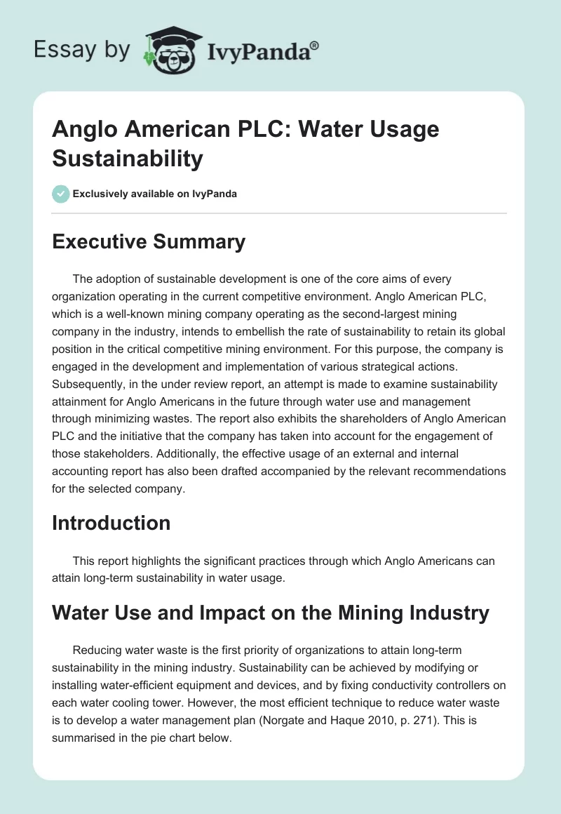Anglo American PLC: Water Usage Sustainability. Page 1