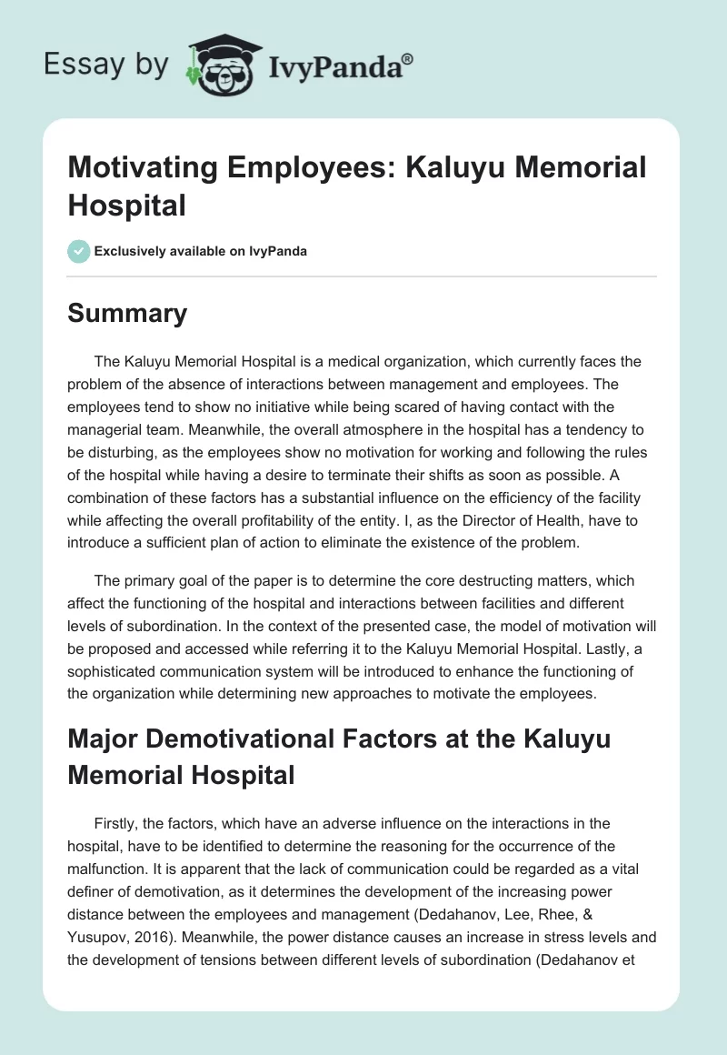 Motivating Employees: Kaluyu Memorial Hospital. Page 1