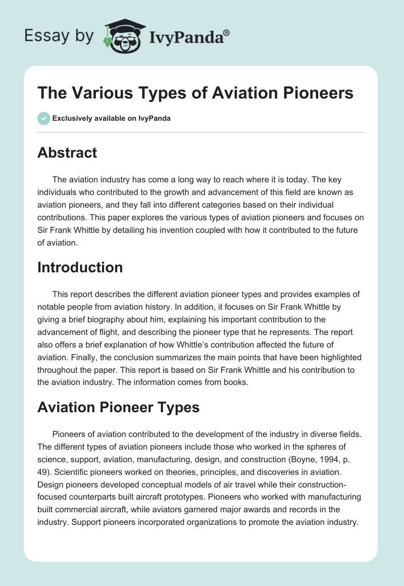 The Various Types of Aviation Pioneers. Page 1