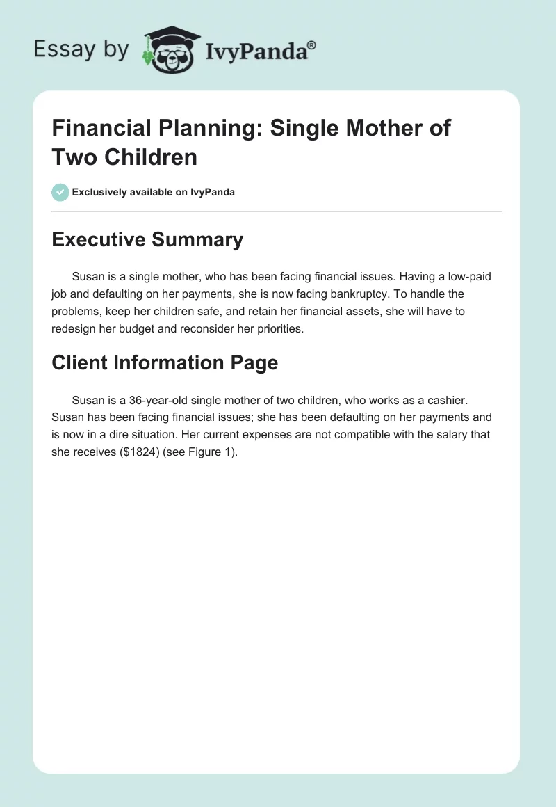 Financial Planning: Single Mother of Two Children. Page 1