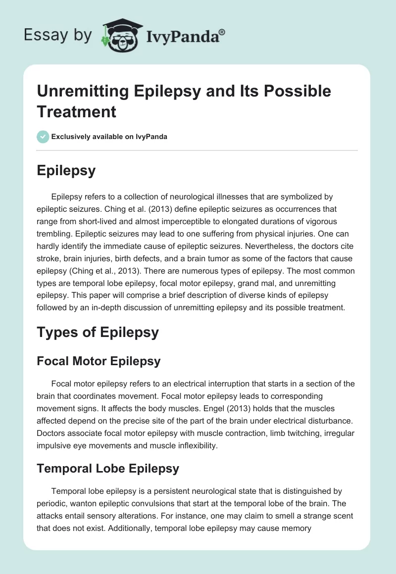 Unremitting Epilepsy and Its Possible Treatment. Page 1