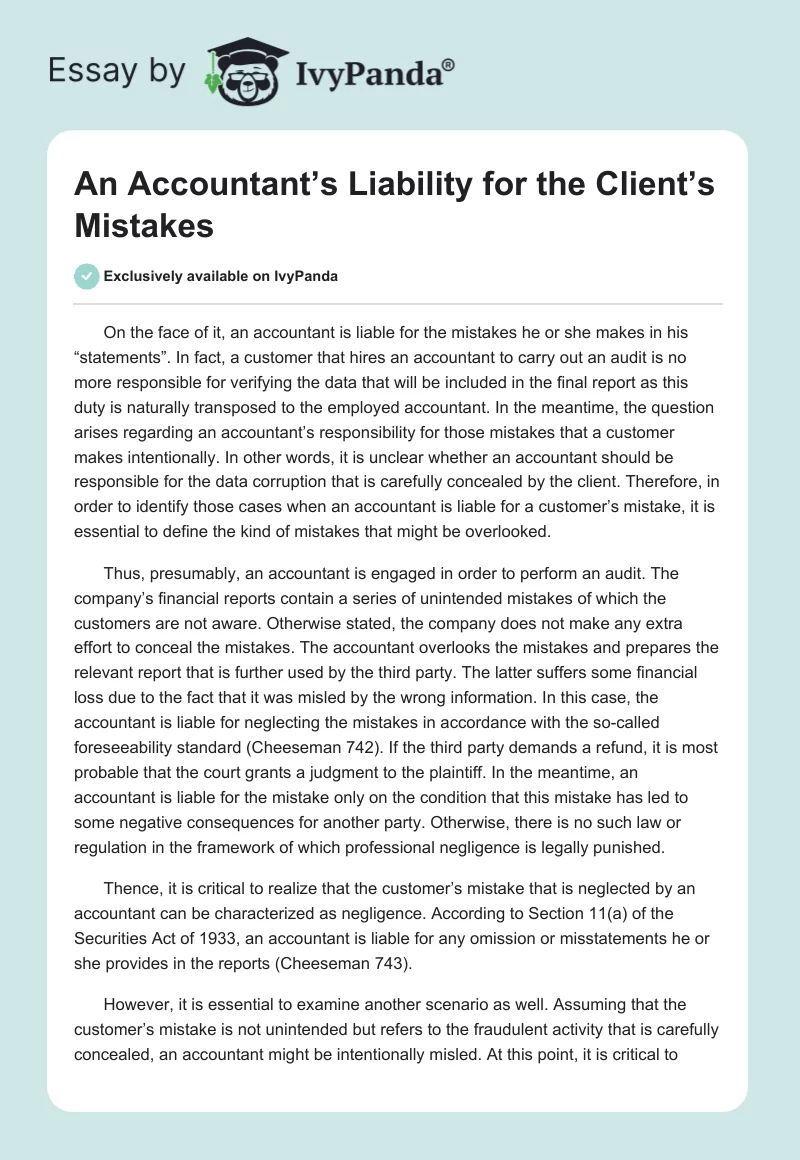 An Accountant’s Liability for the Client’s Mistakes. Page 1