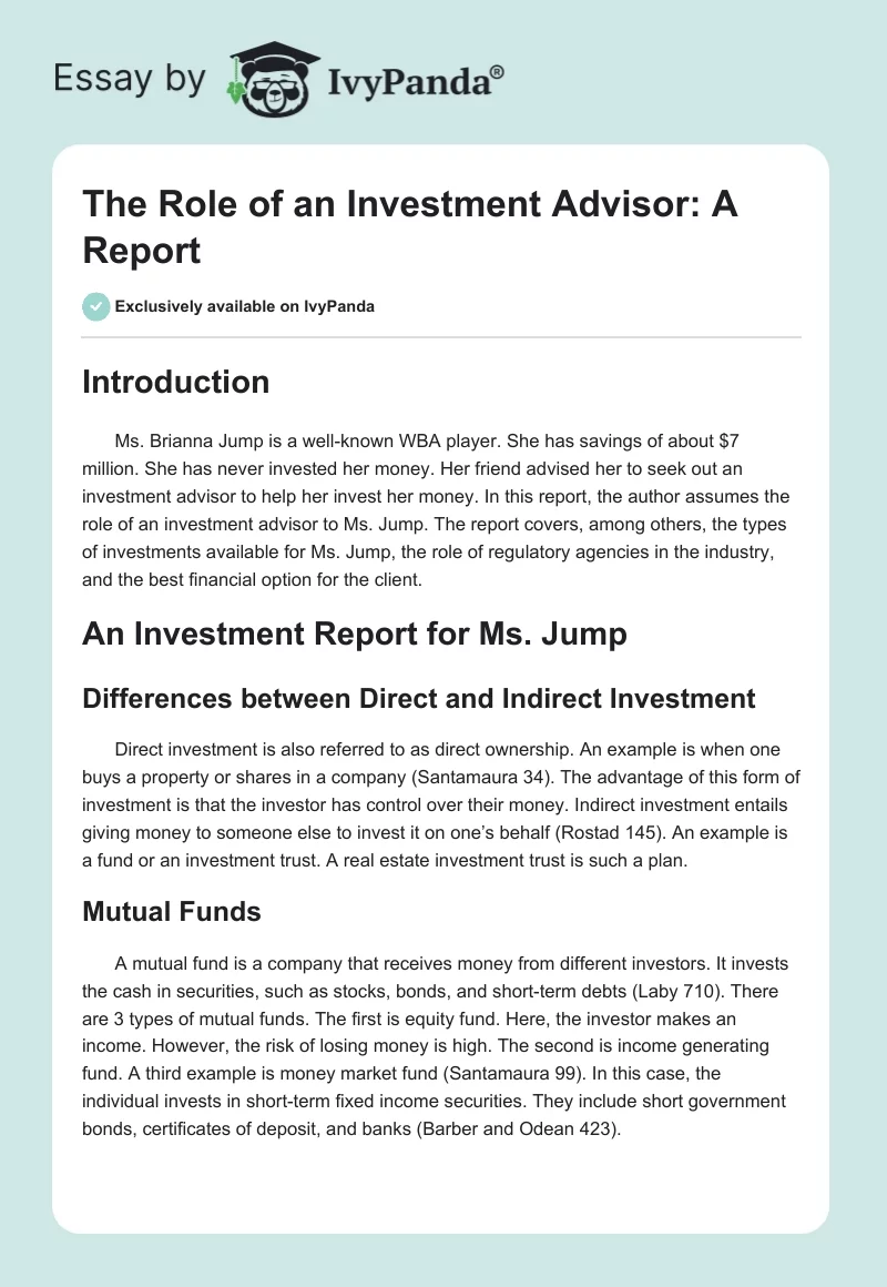 The Role of an Investment Advisor: A Report. Page 1