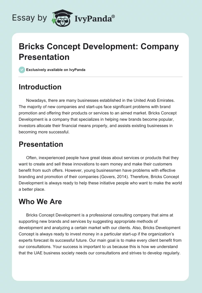 Bricks Concept Development: Company Presentation. Page 1
