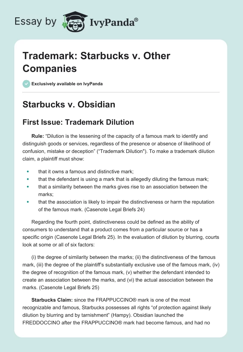 Trademark: Starbucks v. Other Companies. Page 1