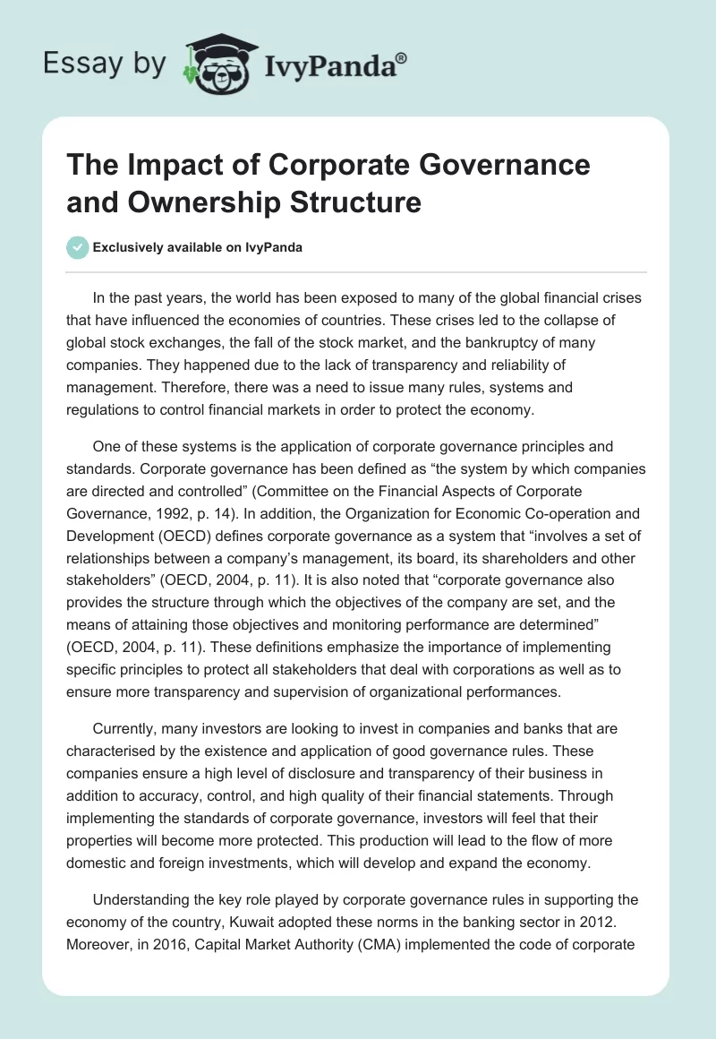 The Impact of Corporate Governance and Ownership Structure. Page 1