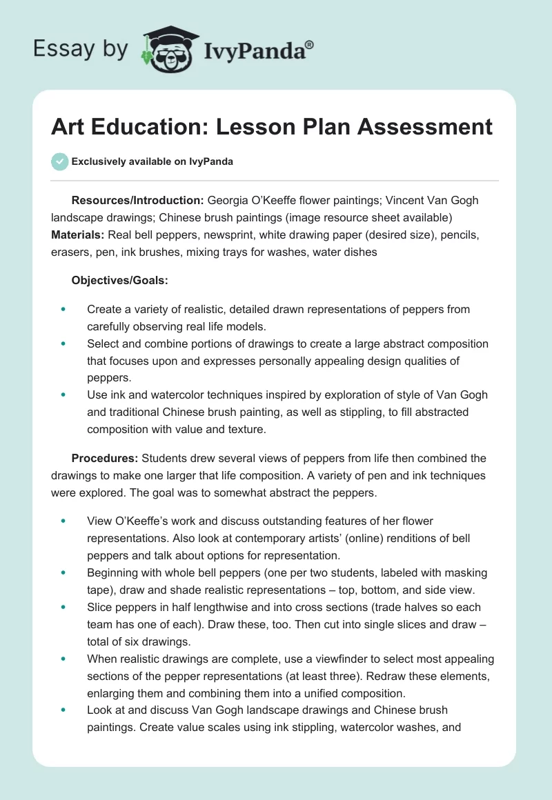 Art Education: Lesson Plan Assessment. Page 1