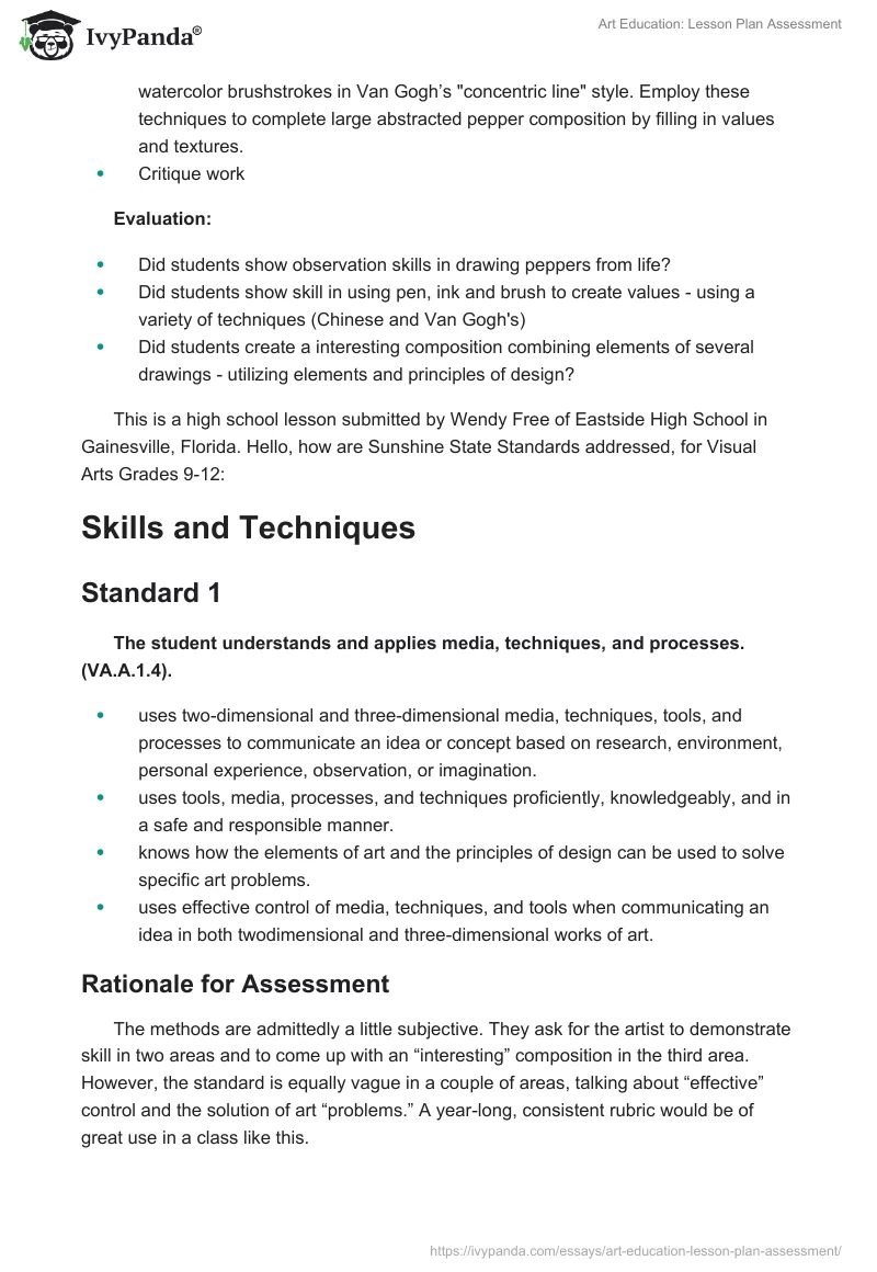 Art Education: Lesson Plan Assessment. Page 2