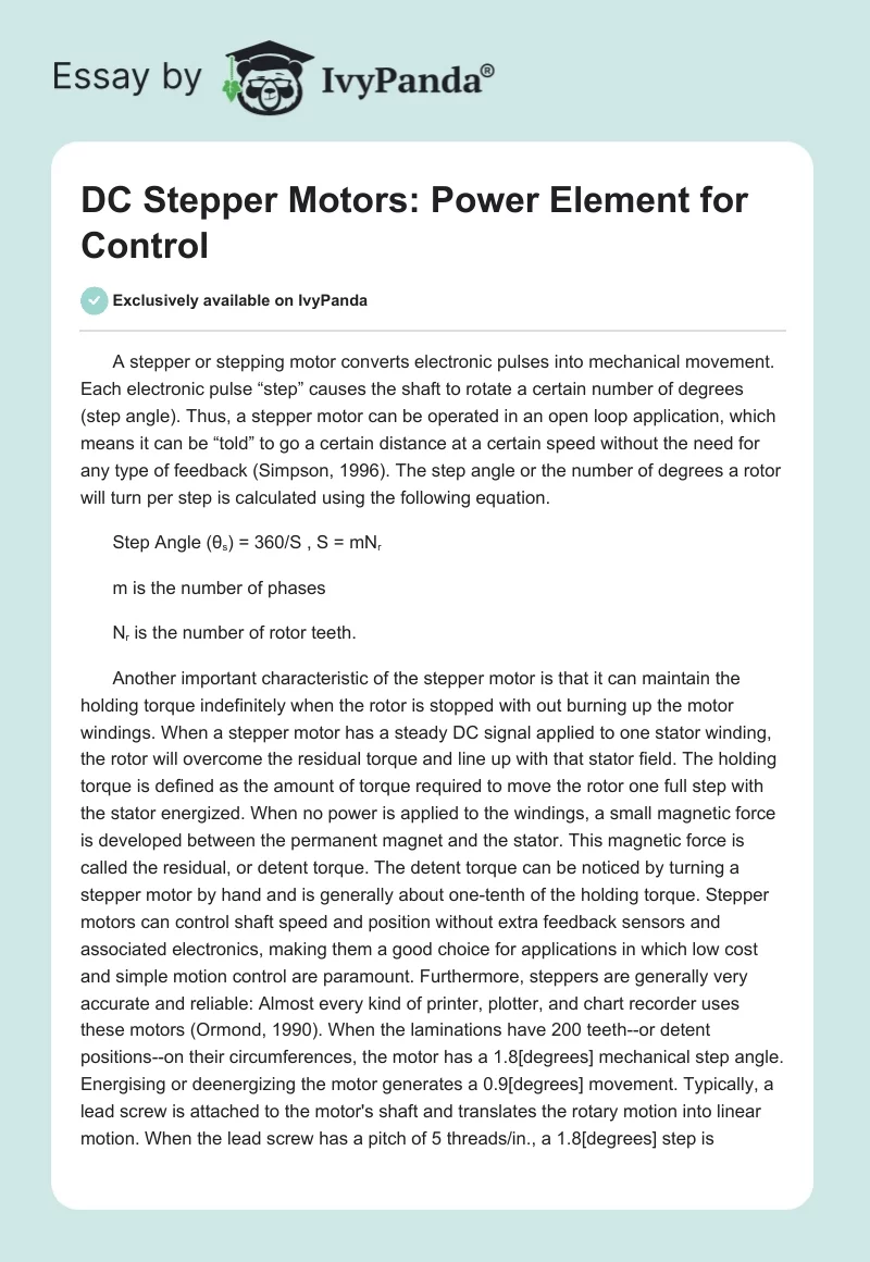 DC Stepper Motors: Power Element for Control. Page 1