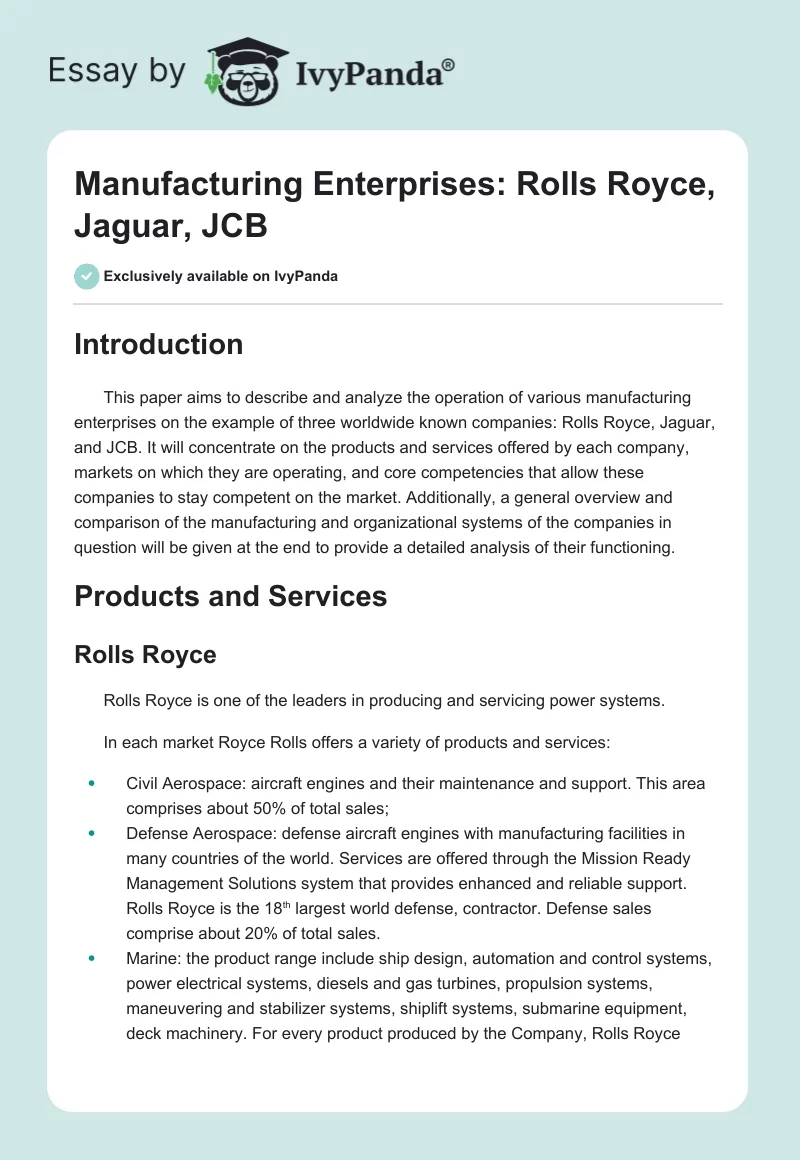 Manufacturing Enterprises: Rolls Royce, Jaguar, JCB. Page 1