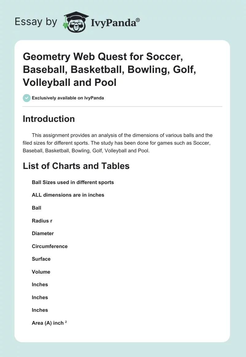 Geometry Web Quest for Soccer, Baseball, Basketball, Bowling, Golf, Volleyball and Pool. Page 1