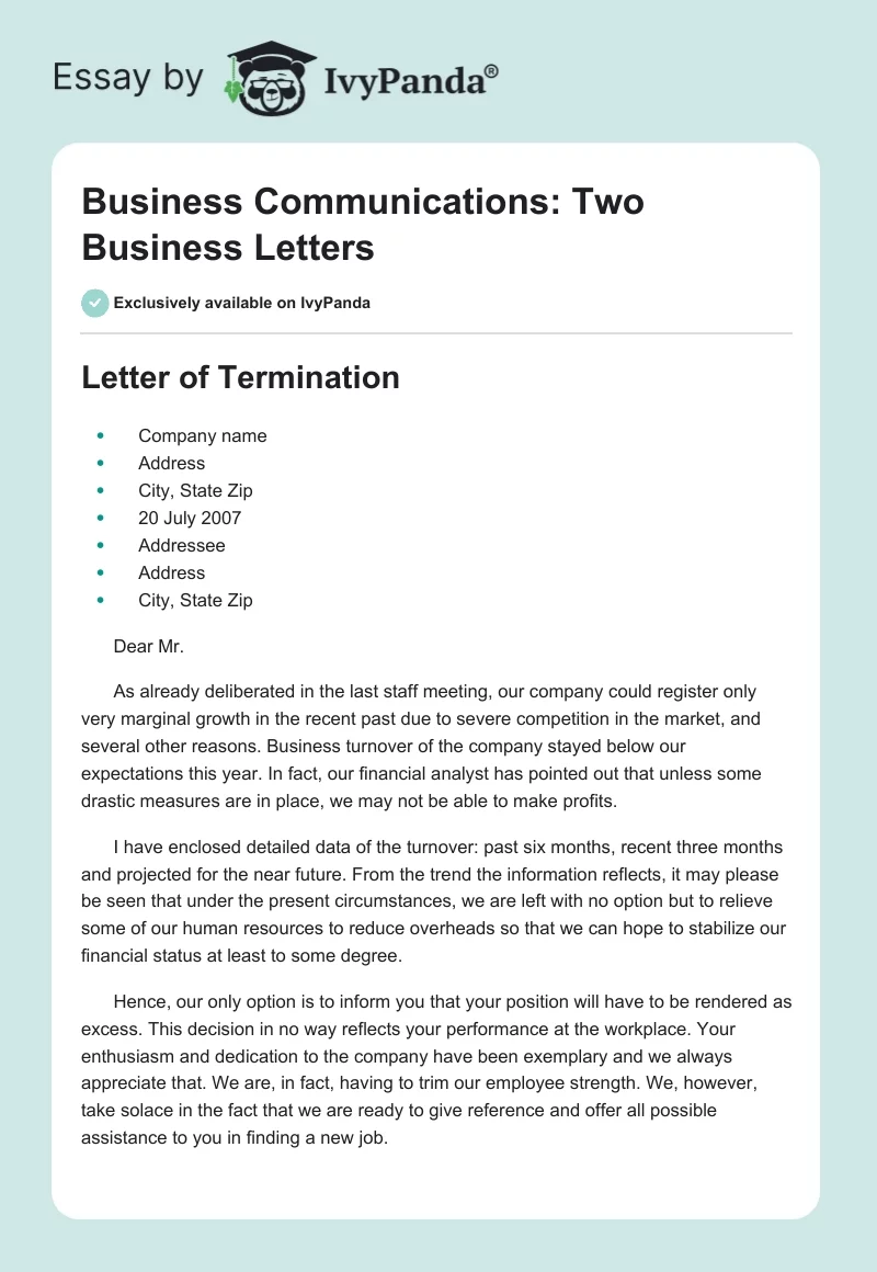 Business Communications: Two Business Letters. Page 1