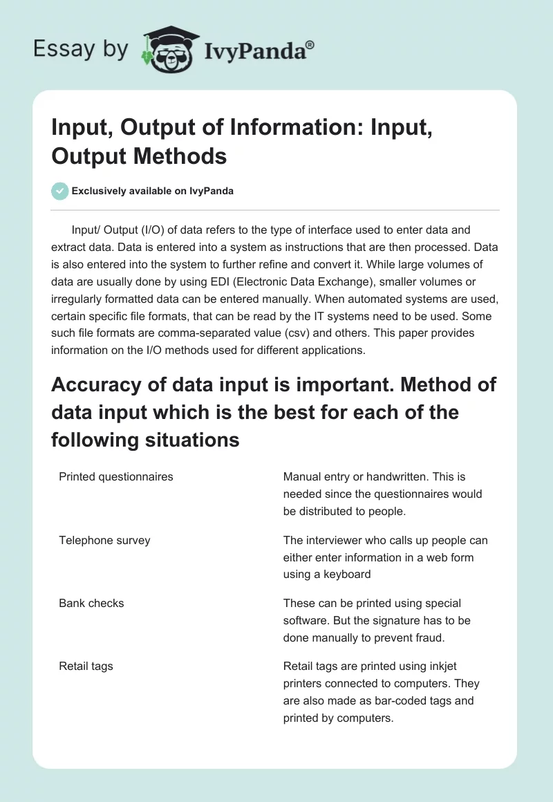 Input, Output of Information: Input, Output Methods. Page 1
