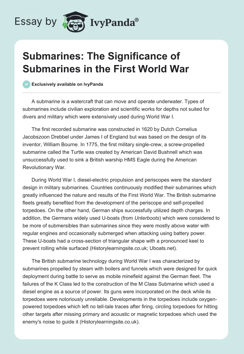 Submarines: The Significance of Submarines in the First World War. Page 1